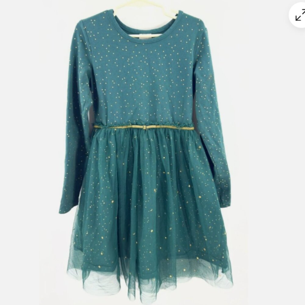 Hanna Andersson Shimmer Tulle Dress Girls 8 Green Gold Star Celestial Holiday